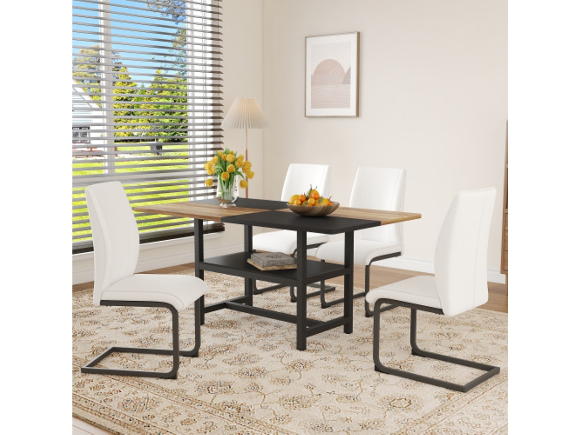 Conjunto de Mesa de Jantar Retangular com Prateleira e 4 Cadeiras com Braços em Couro Sintético, 160x90x76 cm DELCOND