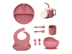 Conjunto de Loiça Infantil, Conjunto de 10 Peças, Prato de Silicone com Ventosa. Rosa Escuro CZHHMART