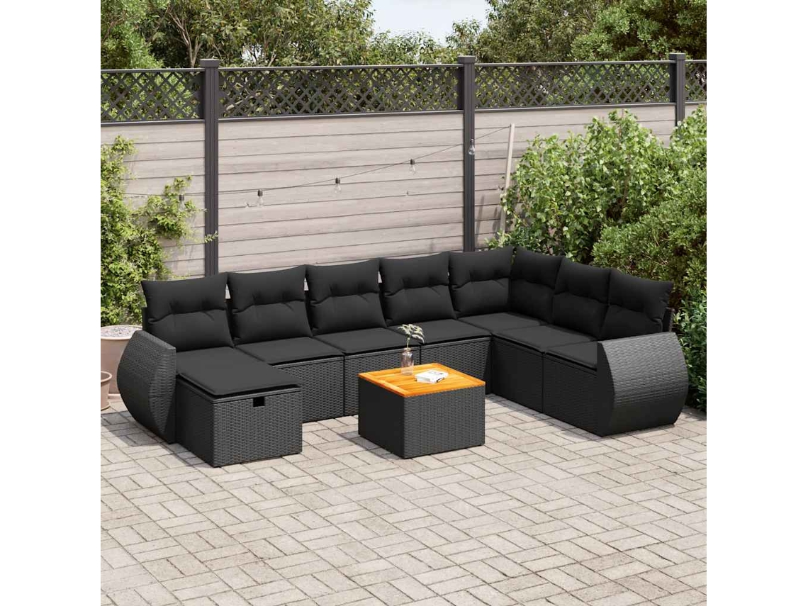 Vidaxl 9 Pcs Conjunto De Sofás P/ Jardim C/ Almofadões Vime Pe Preto