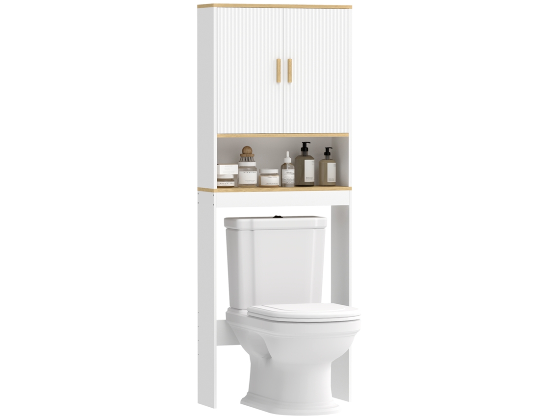 Prateleira de Banheiro de 3 Níveis Sobre Vaso Sanitário com Prateleira Aberta, 2 Portas e Prateleira Ajustável 64x20x170,5 Cm Branco Ge