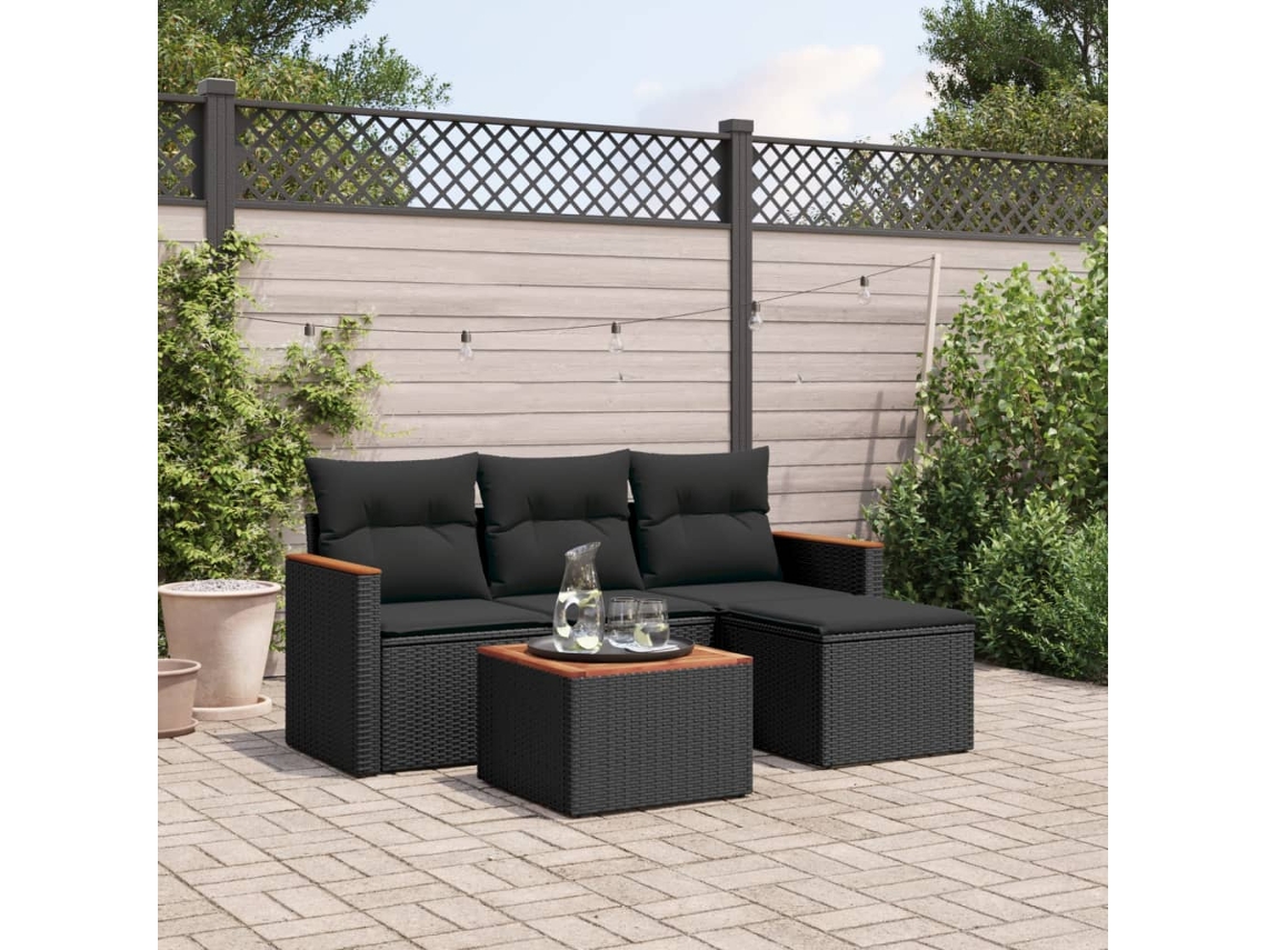 Vidaxl 5 Pcs Conjunto Sofás de Jardim com Almofadões Vime Pe Preto