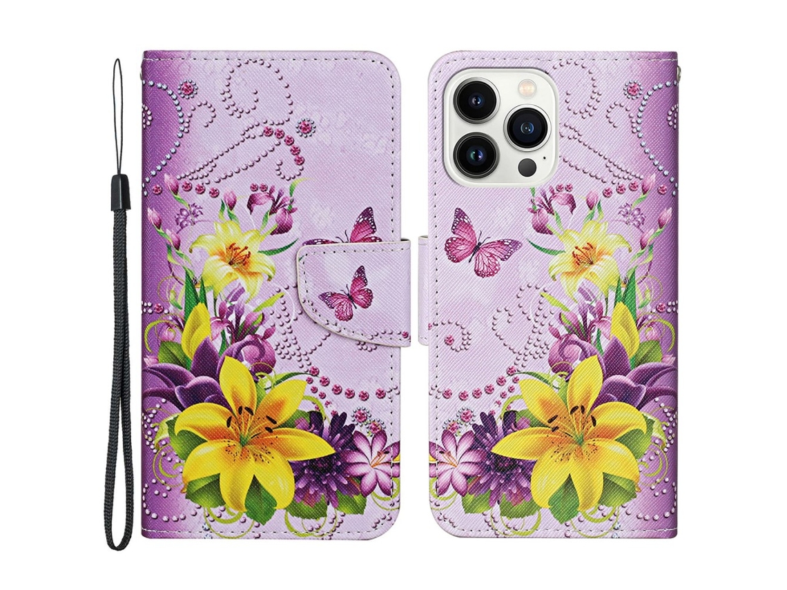 Capa Em Couro Pu Para Apple Iphone 16 Pro - Flor/borboleta