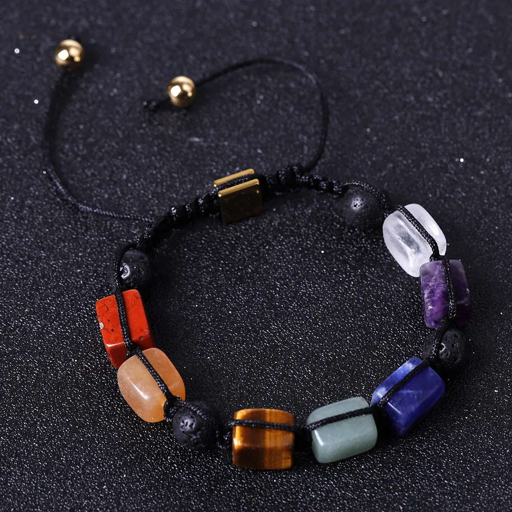 Pulseira de Ioga Tecida À Mão com a Árvore da Vida Dos Sete Chakras, em Pedra de Lava Natural. MDUG (cor 1)