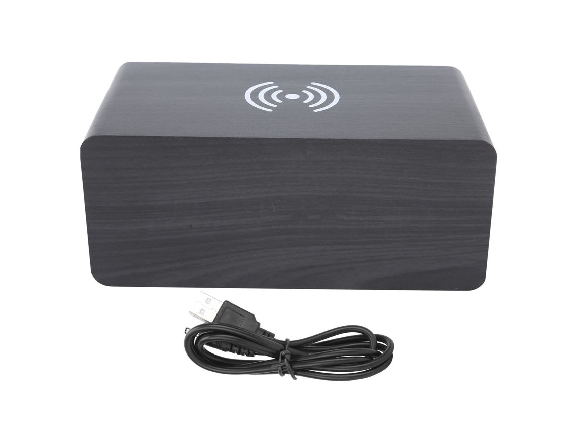 Altavoz Bluetooth Sem Fio De Madeira Com Relógio E Alarme 2000mah Mini Estéreo Portátil Preto Luz Verde