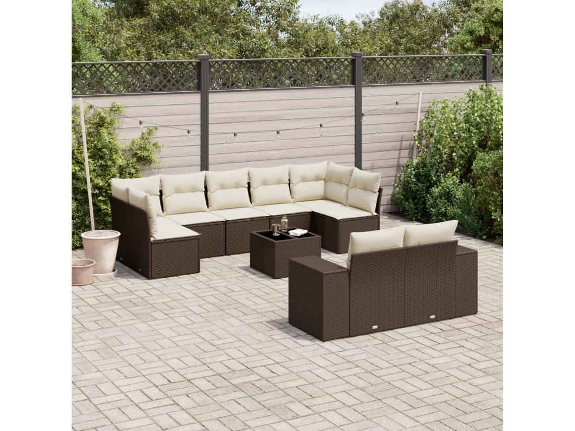 Vidaxl 10 Pcs Conj. Sofás Jardim Com Almofadões Vime Pe Castanho