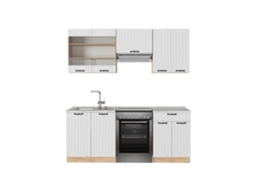 Linha De Fama De Cozinha, 200cm, Pt Mármore, Branco Campagne, Carvalho De Força Dourado, Vicco
