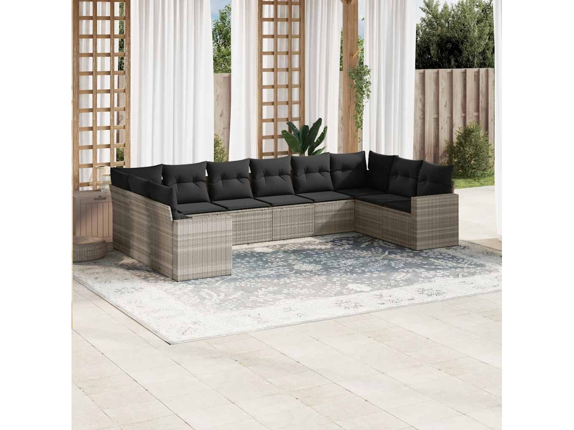 Vidaxl 10 Pcs Conj. Sofás Jardim Com Almofadões Vime Pe Cinzento-claro