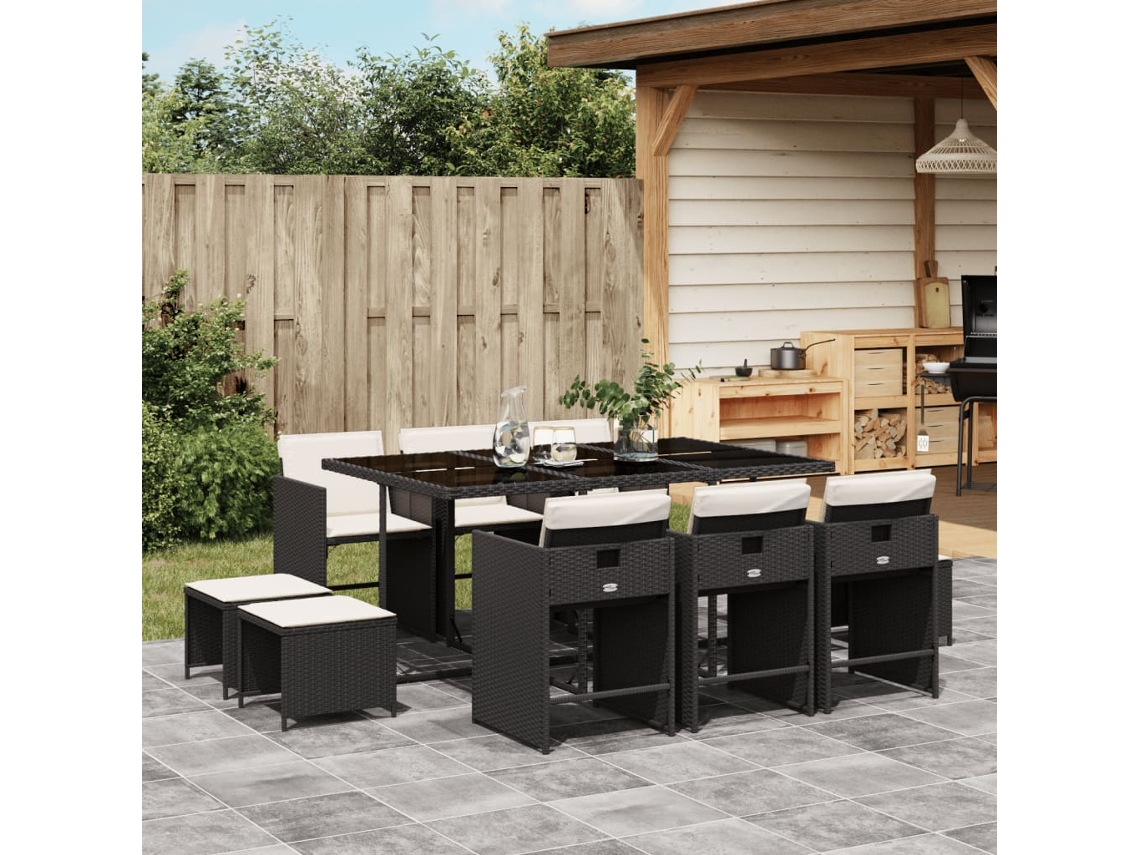 Vidaxl 11 Pcs Conjunto De Jantar P/ Jardim C/ Almofadões Vime Pe Preto