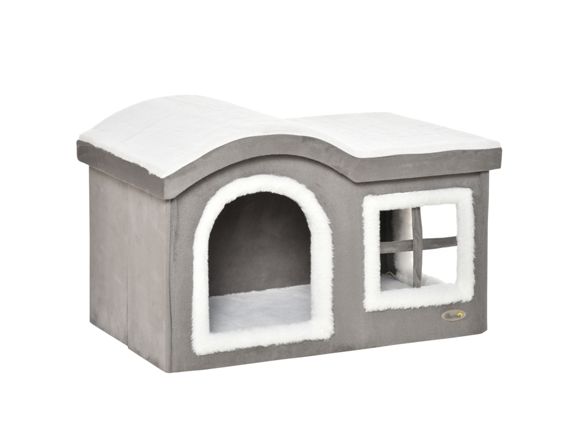 Casinha De Interior Com 2 Entradas E Janela, Almofada E Base Antiderrapantes, 63,5 X 37 X 40 Cm, Cinza