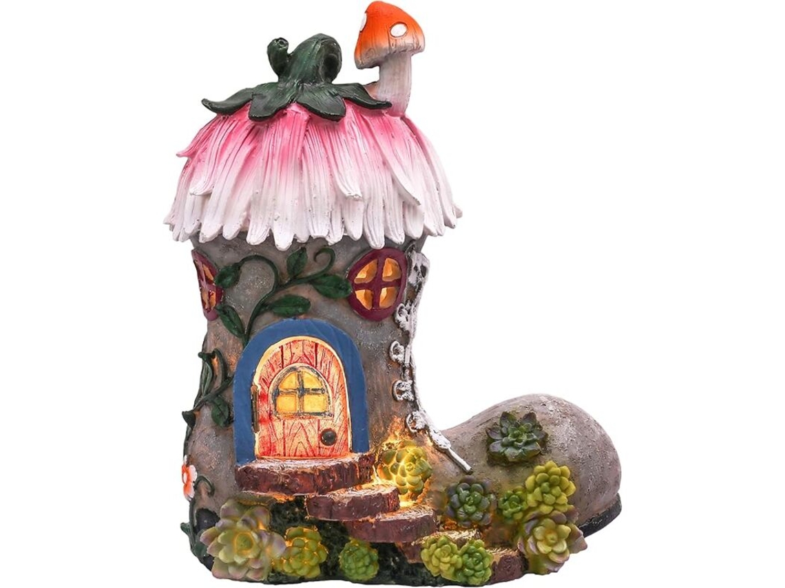 Casinha de fadas em formato de bota para jardim, 22 cm, com lâmpada solar, estatueta de elfo, decoração externa para varanda e jardim. Brilvibera