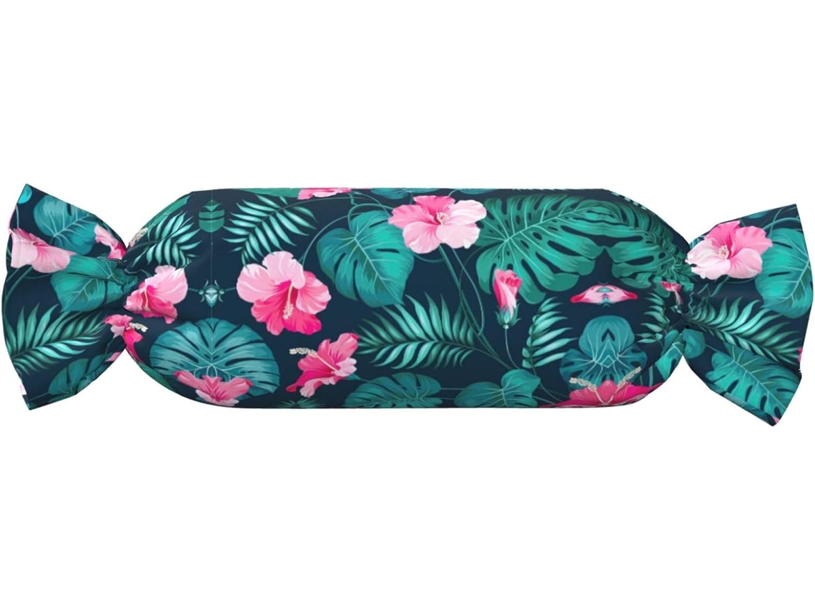 Almofada Cilíndrica Formato de Doce com Estampa Floral Rosa Havaiana 100 % Poliéster Ideal para Viagens, Casa