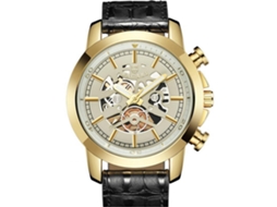 Relógio de pulso masculino à prova d'água com movimento de quartzo e pulseira vazada em couro PU (preto e dourado).
