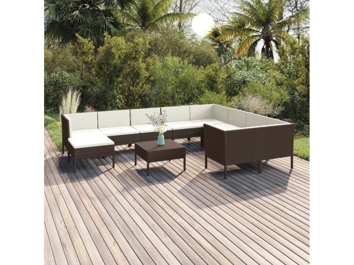 Vidaxl 11 Pcs Conjunto Lounge Jardim C/ Almofadões Vime Pe Castanho