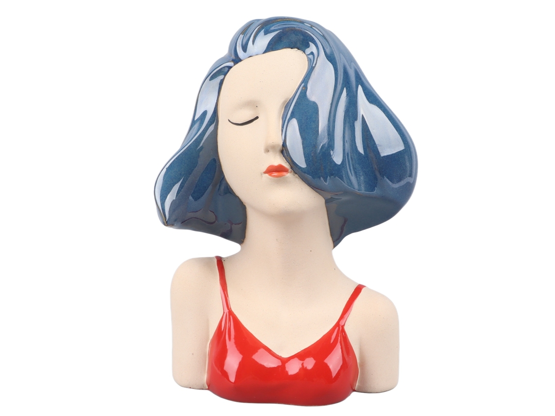 Vaso de cerâmica Baok com rosto de menina, escultura decorativa moderna para sala de estar, quarto e escritório, azul.