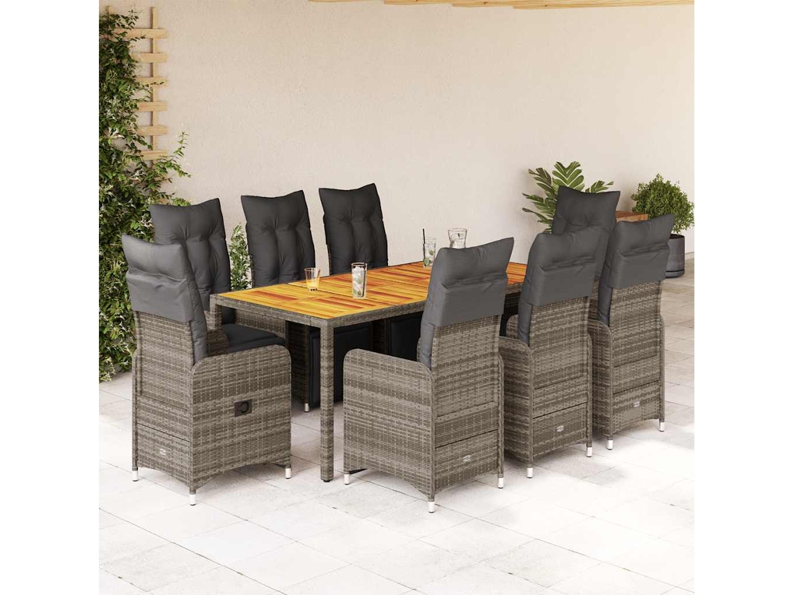 Conjunto 9 Peças Bistrô De Jardim C/ Almofadões Vime Pe Cinzento Dkd Home Decor