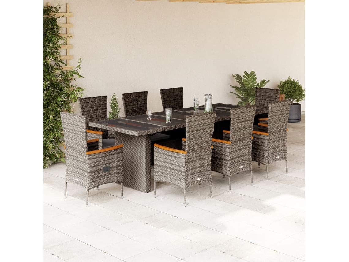 Vidaxl 9 Pcs Conjunto De Jantar P/ Jardim C/ Almofadões Vime Pe Cinza