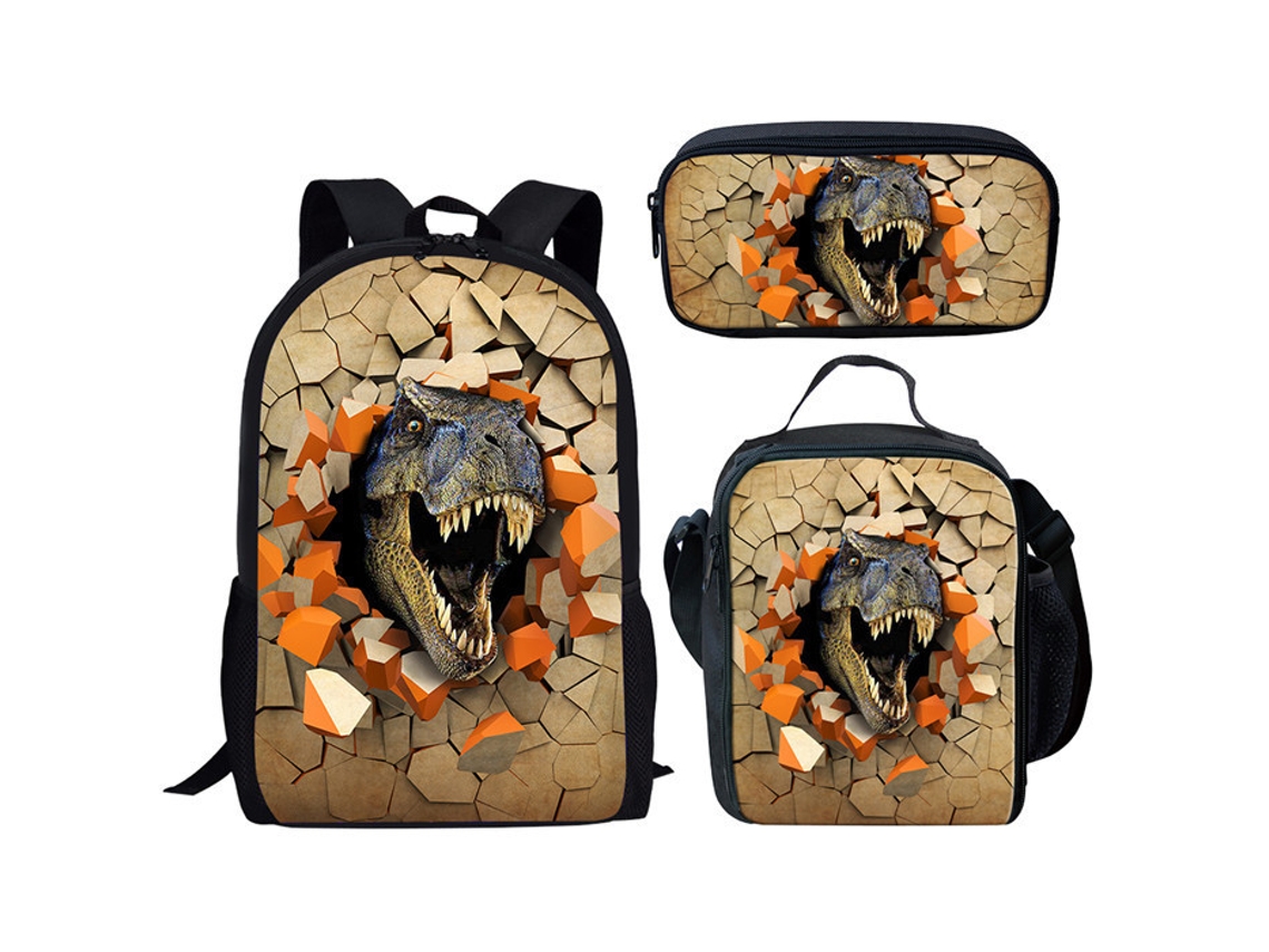 Mochila Escolar, Infantil, Estampa De Dinossauro Com Lancheira