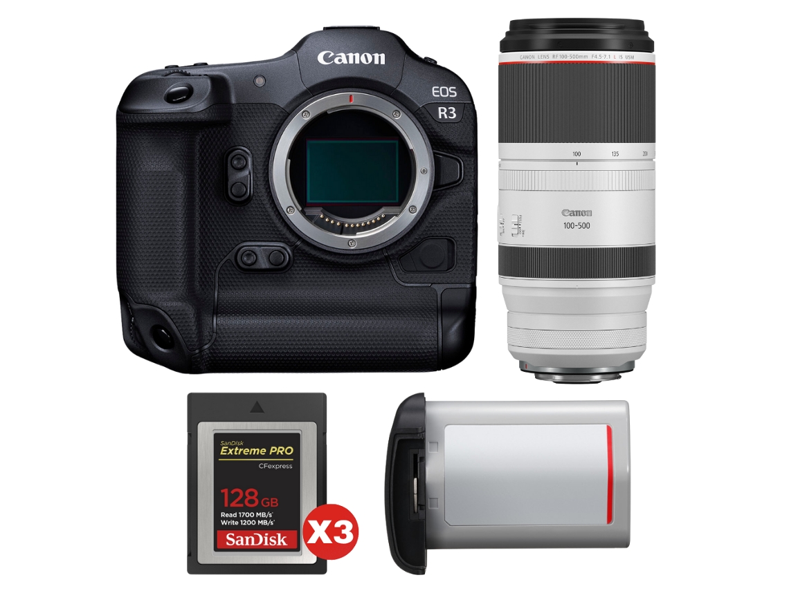 Eos R3 + Rf 100 500mm F/4.5 7.1 L Is Usm + 3 Sandisk 128gb Extreme Pro Cfexpress Type B + Canon Lp e19 + Ebook Pricedirect CANON
