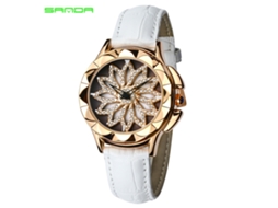 Relógio Feminino Analógico de Quartzo com Pulseira de Couro Strass Flor Branco