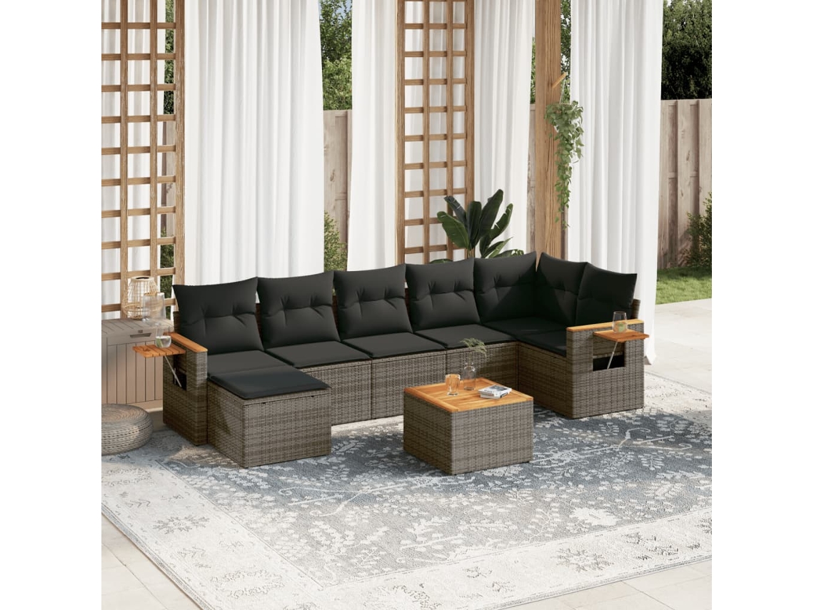 Vidaxl 8 Pcs Conjunto Sofás De Jardim C/ Almofadões Vime Pe Cinzento