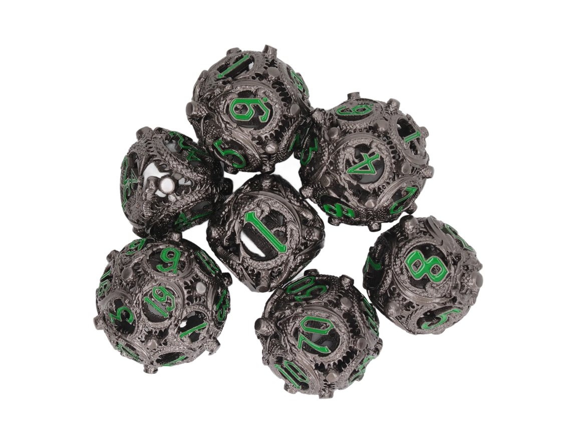 Mali conjunto de Dados de Cobre Oco Poliédrico Gravado Equilibrado Portátil para Jogos de Tabuleiro 7pcs