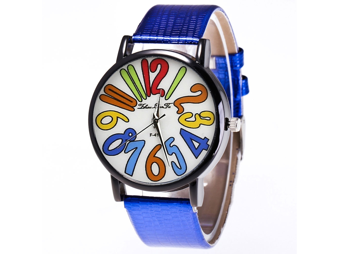 Relógio de quartzo unissex com pulseira de couro PU e estampa de números coloridos (azul)