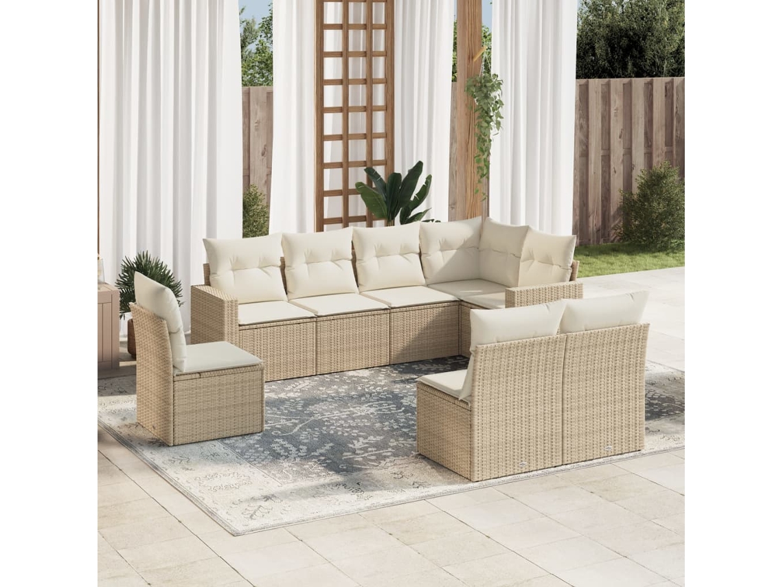 Vidaxl 8 Pcs Conjunto De Sofás P/ Jardim Com Almofadões Vime Pe Bege