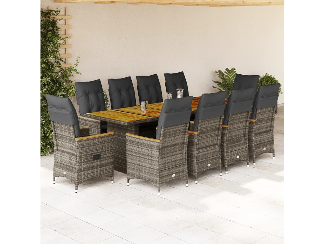Vidaxl 11 Pcs Conjunto Bistrô De Jardim C/ Almofadões Vime Pe Cinzento