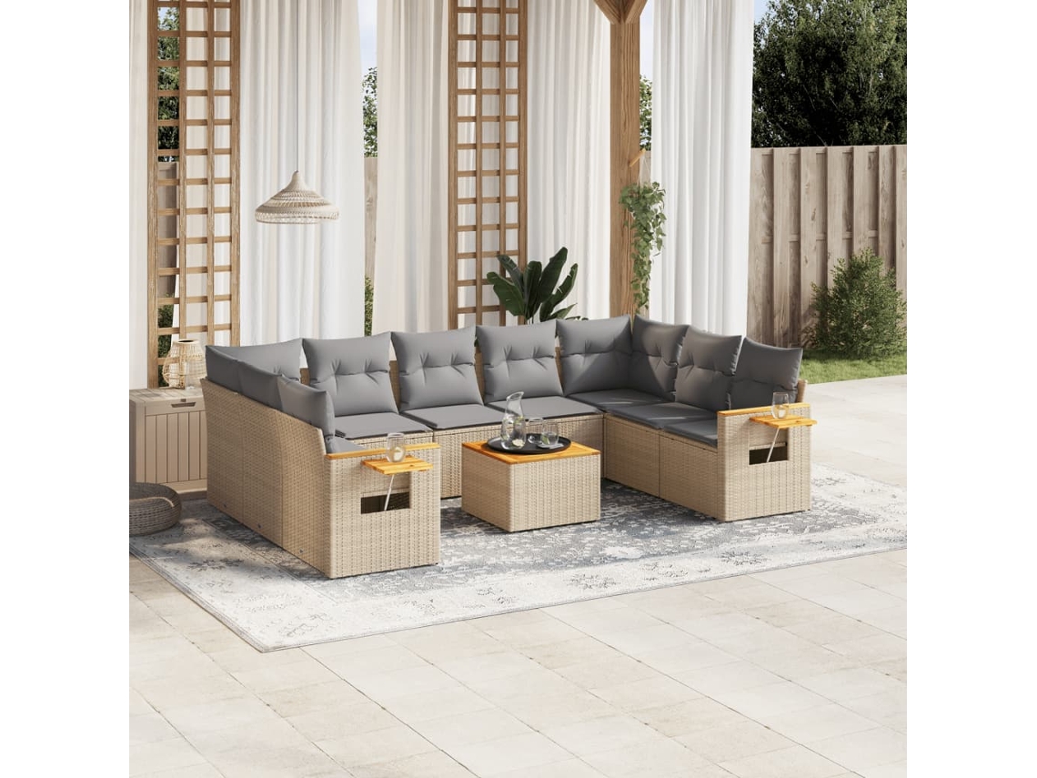 Vidaxl 10 Pcs Conjunto De Sofás P/ Jardim Com Almofadões Vime Pe Bege
