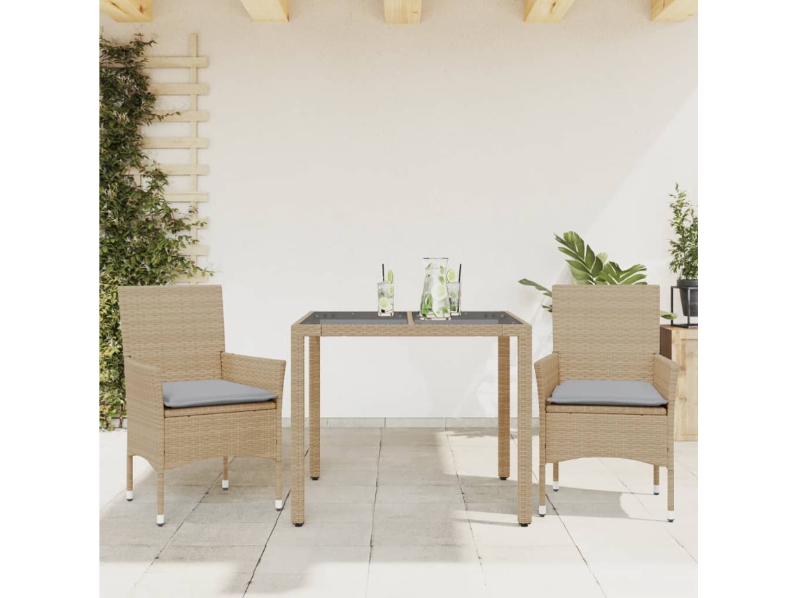 Vidaxl 3 Pcs Conjunto Jantar Jardim com Almofadões Vime Pe/vidro Bege
