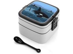 Lancheira Para Adultos Com Colher, Estampa De Orca, Estilo Bento, Com Colher, Fofa Lancheira De Dois Andares, Empilhável