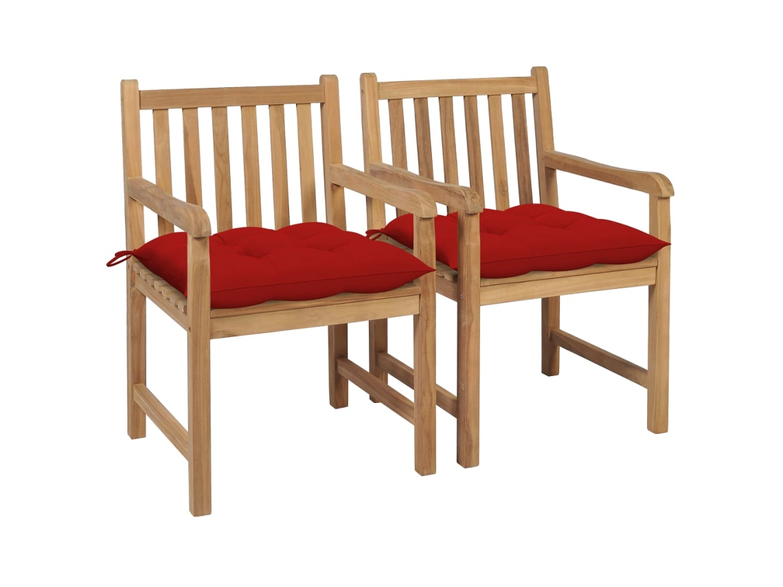 Vidaxl Cadeiras De Jardim C/ Almofadões Vermelhos 2 Pcs Teca Maciça