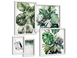 Composição De Quadros Folhas De Plantas Em Vinho Verde Moldura Branca Fotos Para O Escritório Espelharte (conjunto De 5 Imagens)
