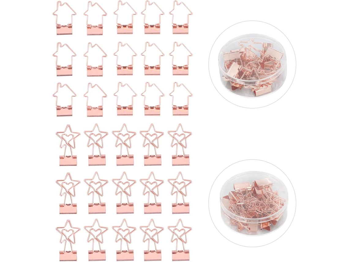 Conjunto de 30 clipes de papel pequenos, cor rosa, metal resistente, em formato de estrela e casa, para documentos.