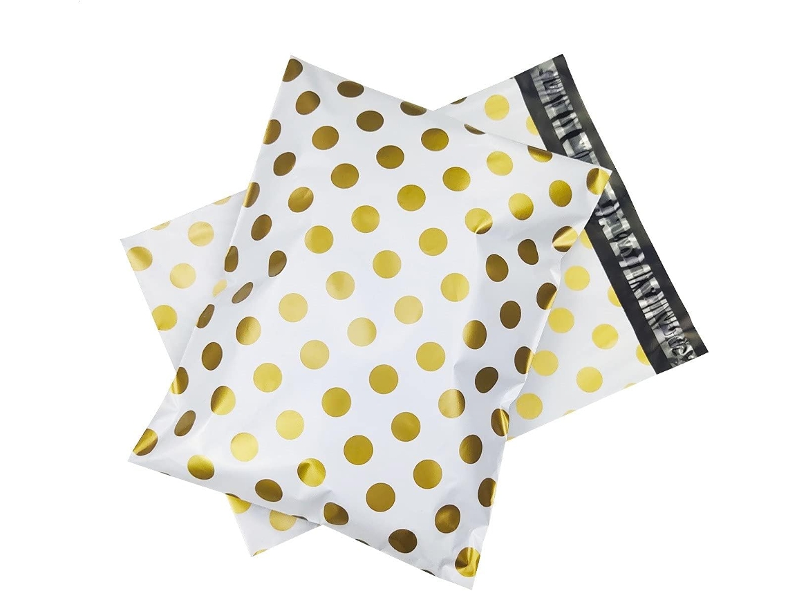 50 envelopes plásticos para envio com bolinhas douradas, práticos para correspondência, envelopes de polietileno impressos para embalagem.