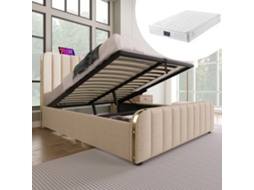 Cama Box Dupla 140x200 Cm Com Apoio Cabeça Usb-c Bege Linen Dourado