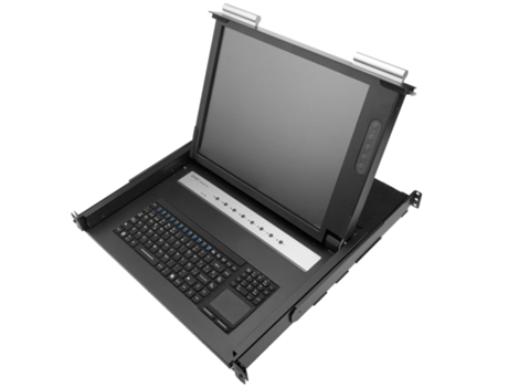 Console e switch KVM IP65 de 16 portas para gabinete rack 19 1U. Teclado mousepad e tela de 17  RACKMATIC