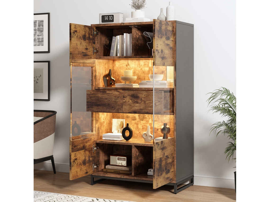 Vitrine 80x40x138 Cm Com Iluminação Led Com 2 Gavetas E 2 Portas Com Painel Acrílico Castanho Estilo