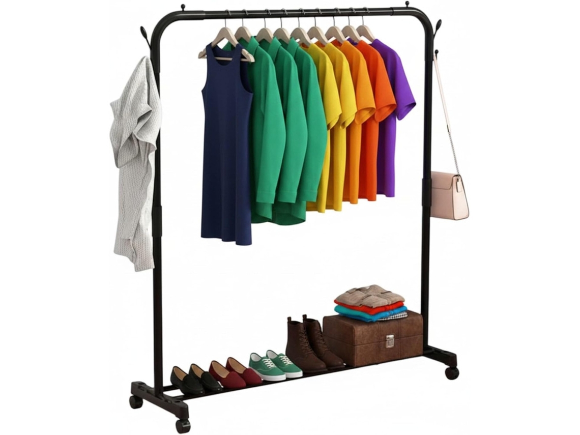 Perchero Metálico Burro de Ropa Ajustable Con 4 Ruedas Vestidor Portátil de Hierro, Organizador para Colgar COSHANO (145x100x41cm Negro)