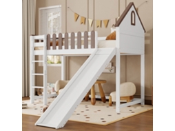Cama Alta Infantil 90x200 Cm, Teto, Janelas, Escada 3 Degraus, Escorregador, Madeira, Nogueira VSOGA