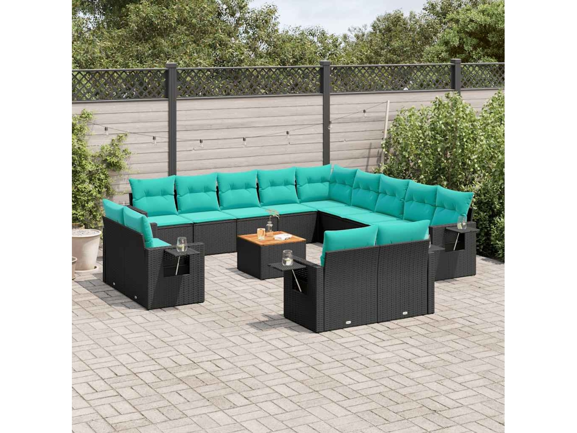 Vidaxl Conjunto De Sofá De Jardim Com 14 Peças E Almofadas Em Rattan Sintético Preto