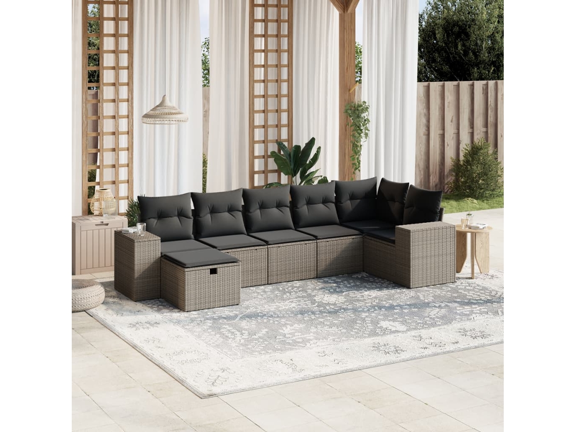 Vidaxl 7 Pcs Conj. Sofás Jardim Com Almofadões Vime Pe Cinzento-claro