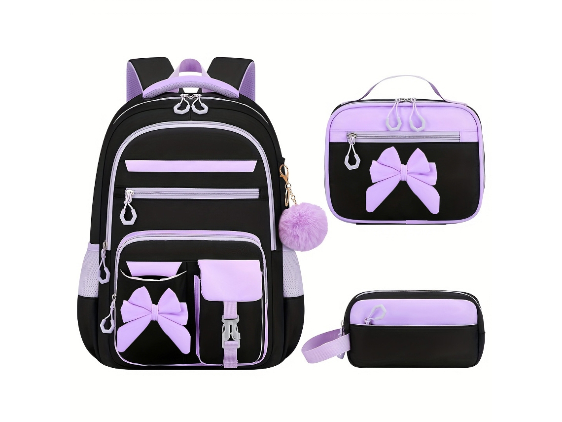 Conjunto De 3 Peças De Mochila Escolar Para Menina: Mochila De Tecido Oxford Impermeável + Lancheira + Estojo – Preto E Roxo