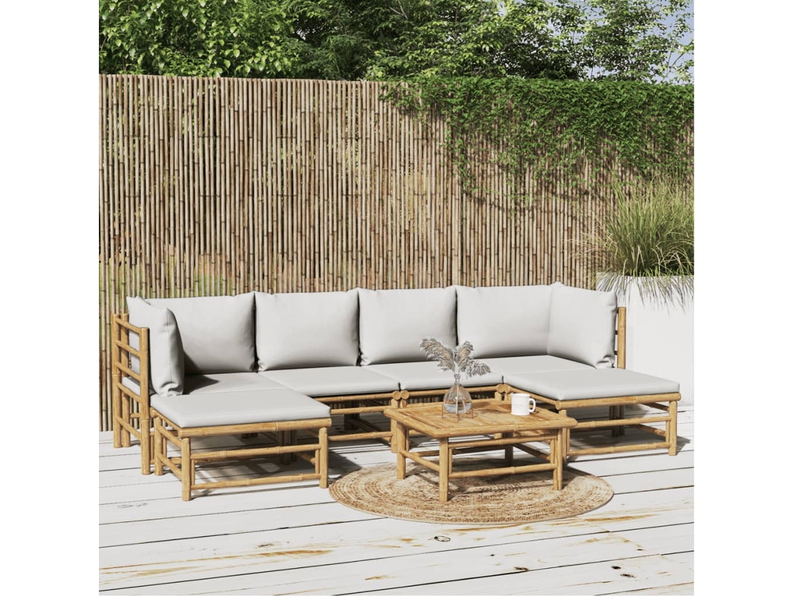 Conjunto 7 Peças Lounge De Jardim Bambu C/ Almofadões Cinzento Claro Dkd Home Decor