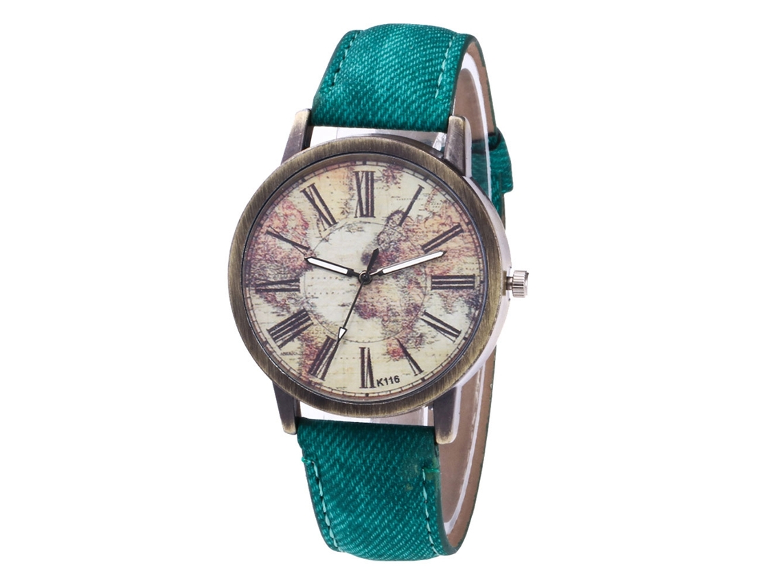 Relógio de pulso casual unissex Zhoulianfa com pulseira de jeans verde e mecanismo de quartzo.