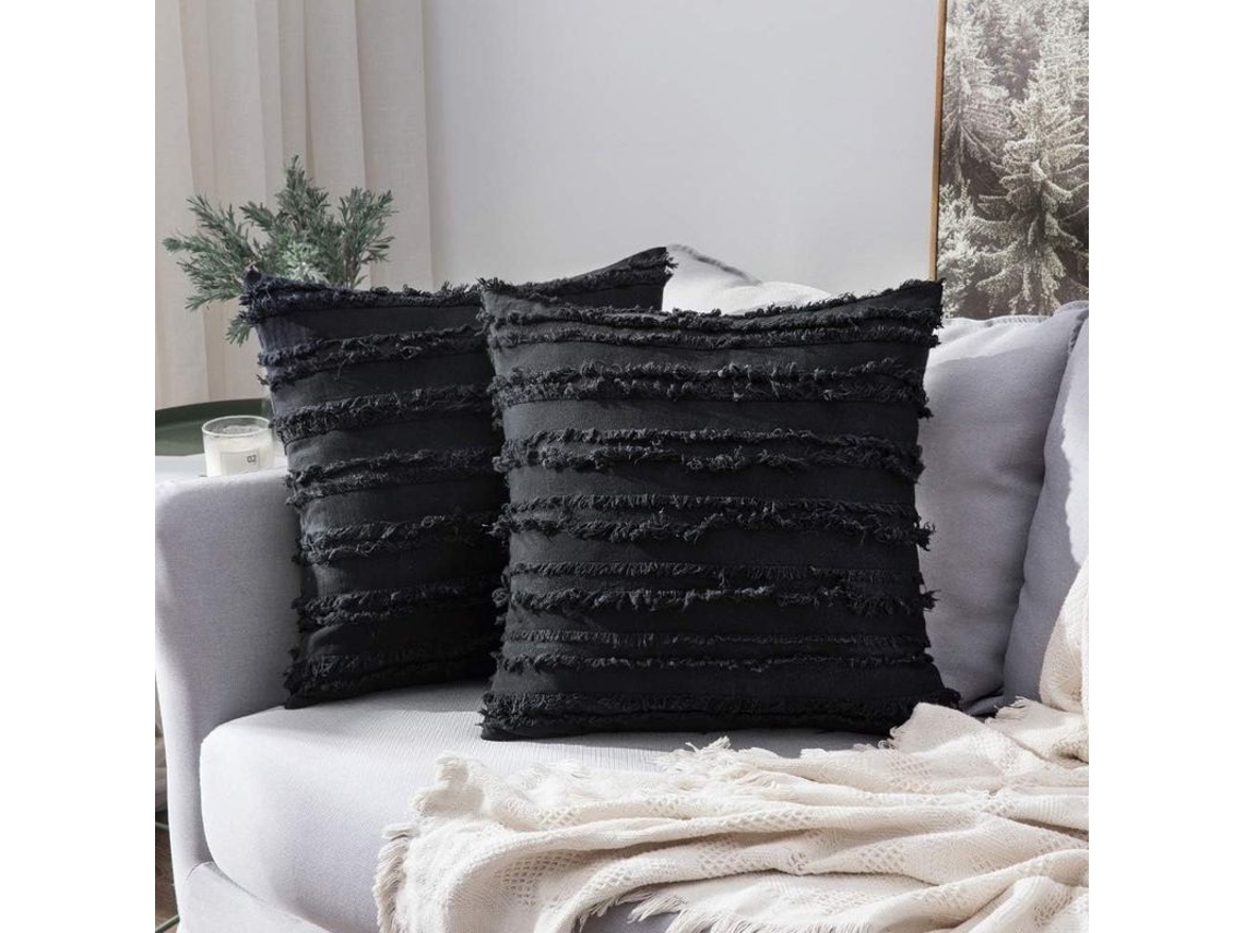 2 Capas de Almofada Decorativa Boho Linen Listrada, 45x45cm, Preto, para Sofá, Sala de Estar, Quarto