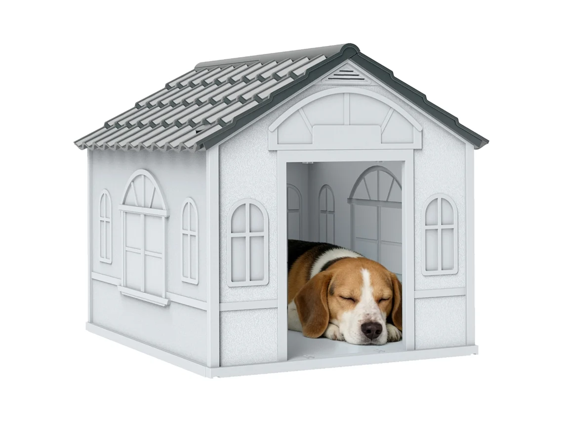Casa para Cães 65x75,7x63 Cm Casa para Cães com Janelas e Teto com Telhas de Imitação para Cães Médios Cinza e Branco Ge