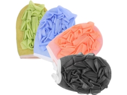 Conjunto de 4 bolas esfoliantes corporais de fibra de viscose grossa e macia.