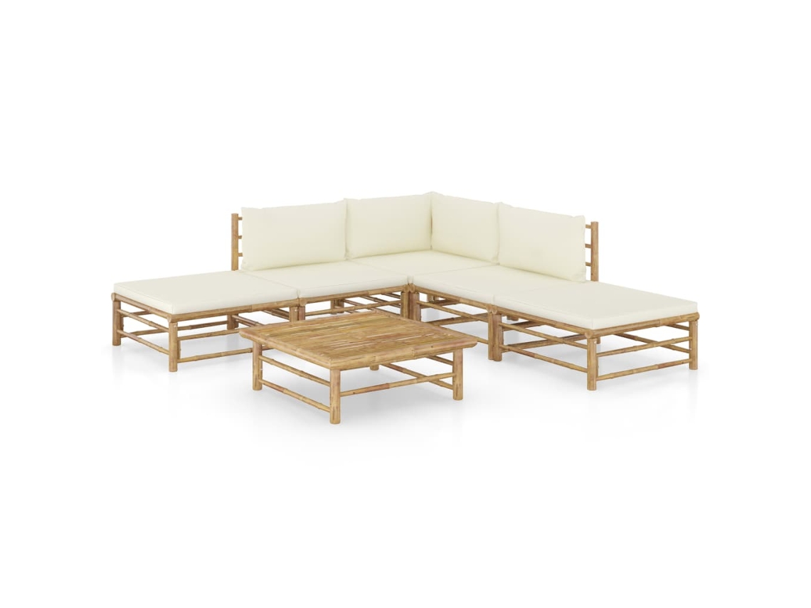 Vidaxl 6 Pcs Conj. Lounge P/ Jardim Em Bambu C/ Almofadões Branco Nata