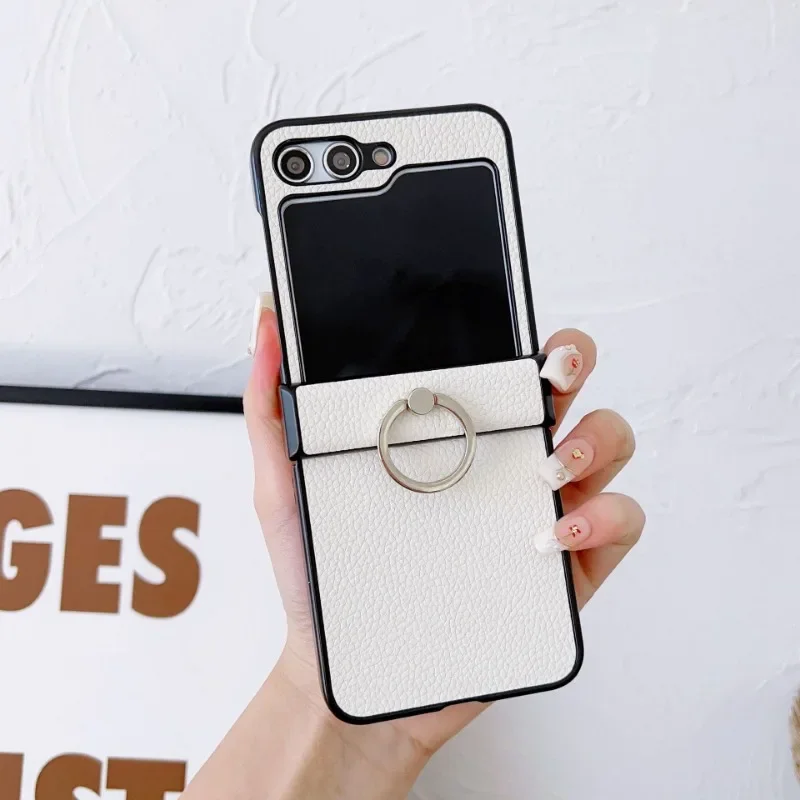 (branco, Galaxy Z Flip7) Capa Flip Para Celular Em Couro Com Textura De Lichia, Resistente A Quedas, Com Suporte De Anel De 360°